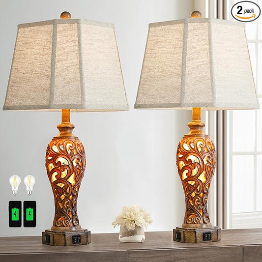 Set of 2 Rustic Table Lamps for Living Room Bedroom, 2 USB Ports 25'' Vintage Farmhouse Desk Lamp with Nightlight, Brown Hollow Out Resin Lamp for End Table (Bulbs Included)