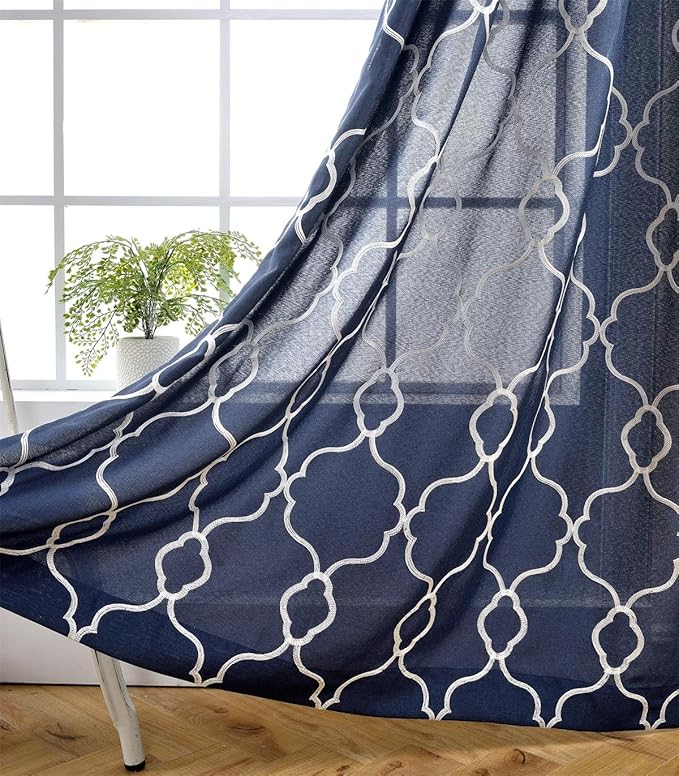 MIUCO Moroccan Embroidered Semi-Sheer Curtains Faux Linen Grommet Window Panels for Doors 52 x 95 Inch 2 Panels, Navy Blue