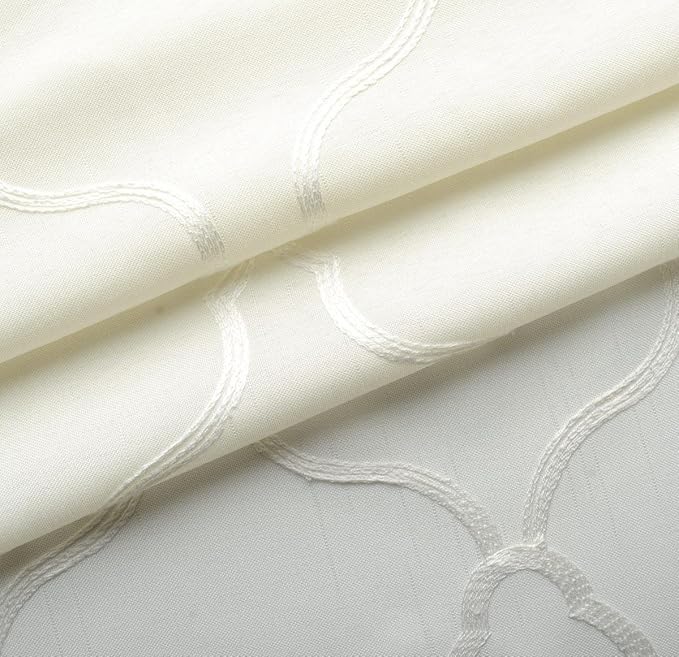 MIUCO Moroccan Embroidered Semi Sheer Curtains Faux Linen Grommet Curtain Panels for Living Room 52 x 95 Inch 1 Pair, Off White