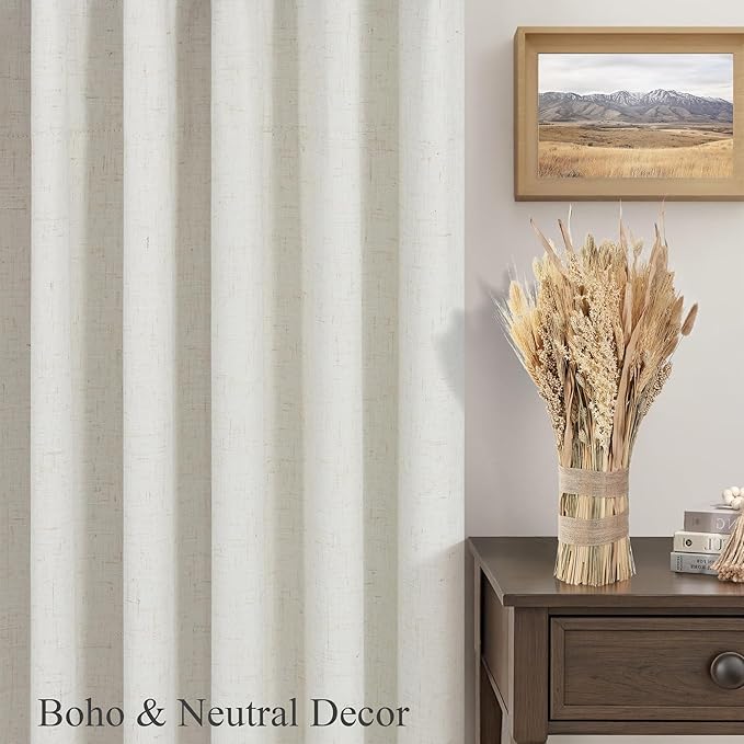 Cream Linen Boho Blackout Curtains 90 Inches Long Length 2 Panel Set Sliding Glass Door Sun Heat Blocking Curtain for Bedroom Living Room Darkening Insulating Drape Country Style Farmhouse Cottagecore