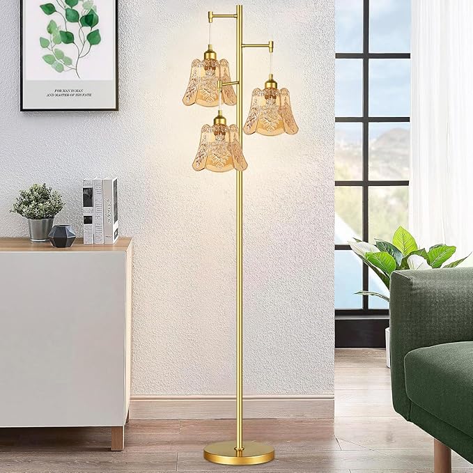Gold Floor Lamp for Living Room,Bedroom,Tree 3 Light Standing Lamp Mid Century Modern Brass Tall Floor Lamps Vintage Retro Floor Lights Glass Green Flower Lamp Shade Farmhouse Boho Bohemian