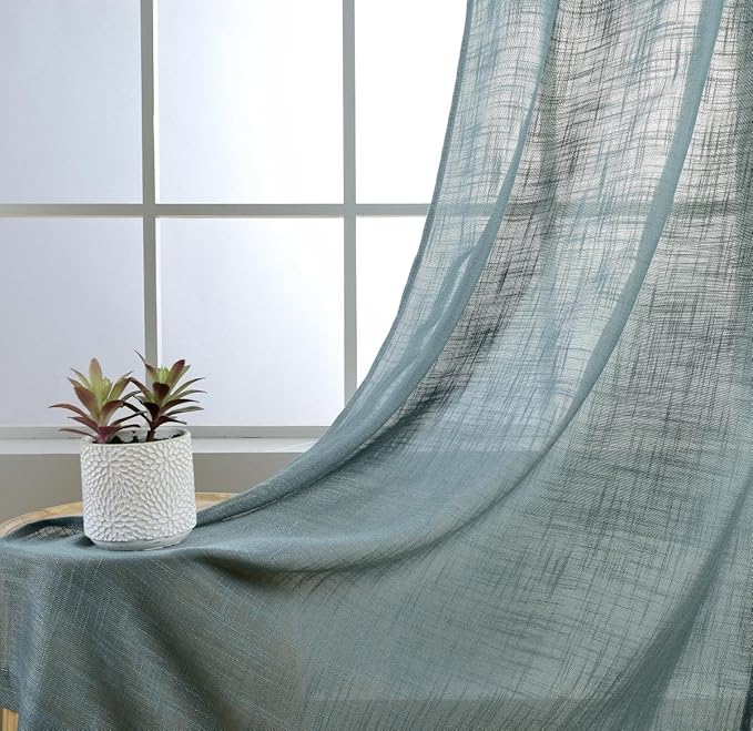 MIUCO Semi Sheer Curtains Poly Linen Textured Solid Grommet Curtains 95 Inches Long for Bedroom 2 Panels (2 x 37 Wide x 95" Long) Teal