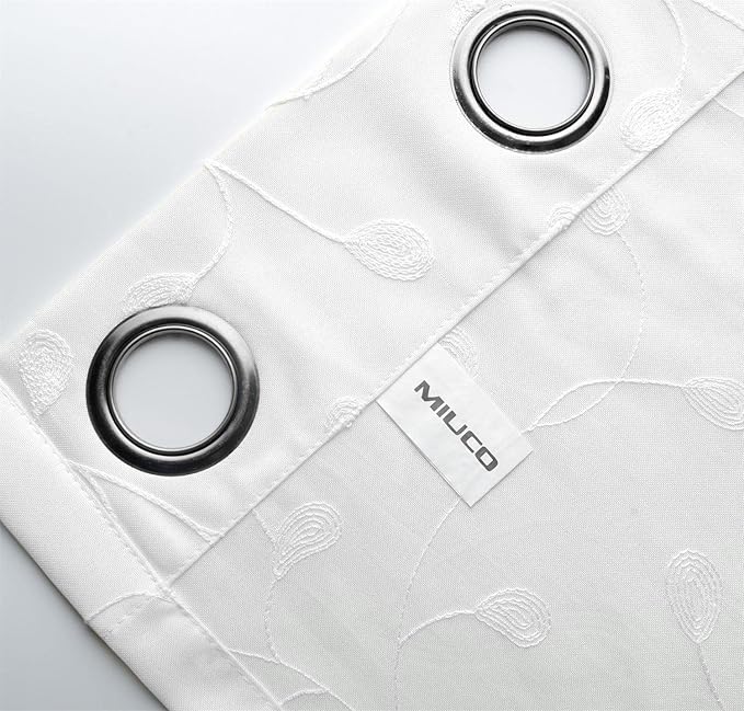 MIUCO Floral Embroidery Semi Sheer Curtains Faux Linen Grommet Window Curtains for Bedroom Living Room 63 Inch Length 2 Panels, Pure White