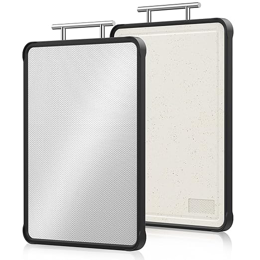 Dishwasher Safe 316 Stainless Steel Cutting Board for kitchen, Double-Sided Pure 316/Wheat Straw PP, Scratch-Resistant Chopping Board with Juice Groove&Grinding Area, Easy to Clean Large Size 16"*11"