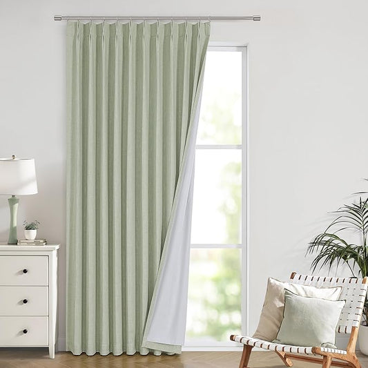Vision Home Soft Green Pinch Pleated Full Blackout Curtains Linen Blended Room Darkening Window Panels 95 inch for Living Room Bedroom Thermal Insulated Pinch Pleat Drapes with Hooks 60" Wx95 Lx1