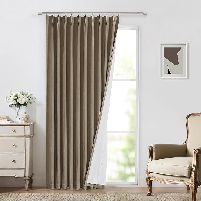 Vision Home Brown Pinch Pleated Full Blackout Curtains Linen Blended 60" Wide Thermal Insulated Window Panels 90 inch for Bedroom Living Room Darkening Pleat Drapes with Hooks Back Tab 60" Wx90 Lx1