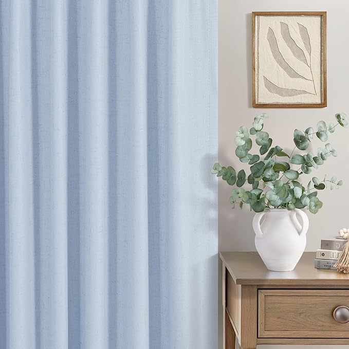Light Blue Linen Curtains for Bedroom 63 Inch Length 2 Panel Cute Blackout Textured Darkening Light Heat Reducing Curtains for Kids Room Teen Girls Nursery Breakfast Nook Sky Blue Drape 63 Long Window