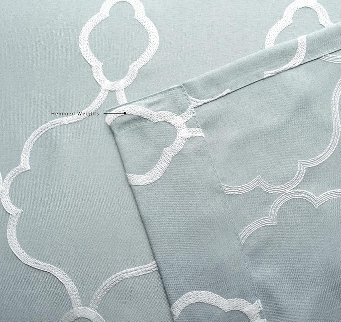 MIUCO Moroccan Embroidered Semi-Sheer Curtains Faux Linen Grommet Window Panel Pair for Nursery 52 x 63 Inch, Sea Foam