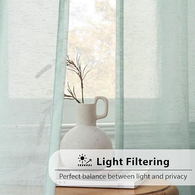 FMFUNCTEX Linen Sheer Curtains for Bedroom, Sage Green Curtains 63 Inch Length for Living Room, Farmhouse French Flax Blend Window Draperies, Rod Pocket 2 Panels Set