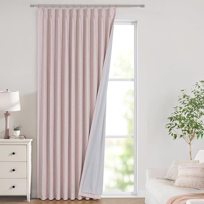 Vision Home Soft Pink Pinch Pleated Full Blackout Curtains Linen Blended Room Darkening Window Curtains 102 inch for Living Room Bedroom Thermal Insulated Pinch Pleat Drapes with Hooks 60" Wx102 Lx1