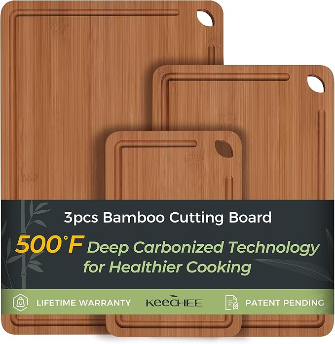 Bamboo Cutting Board, Durable Wood Cutting Boards for Kitchen with Deep Juice Grooves & Built-in Handles, Ideal Charcuterie & Chopping for Meat, Vegetables and Fruits Ideal Kitchen Gifts