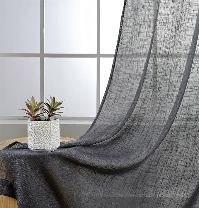 MIUCO Semi Sheer Curtains Poly Linen Textured Solid Grommet Curtains 84 Inches Long for French Doors 2 Panels (2 x 37 Wide x 84" Long) Charcoal Grey