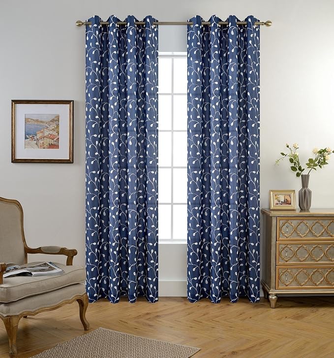 MIUCO Floral Embroidered Semi Sheer Curtains Faux Linen Grommet Curtains for Bedroom 52 x 84 Inch 2 Panels, Navy Blue