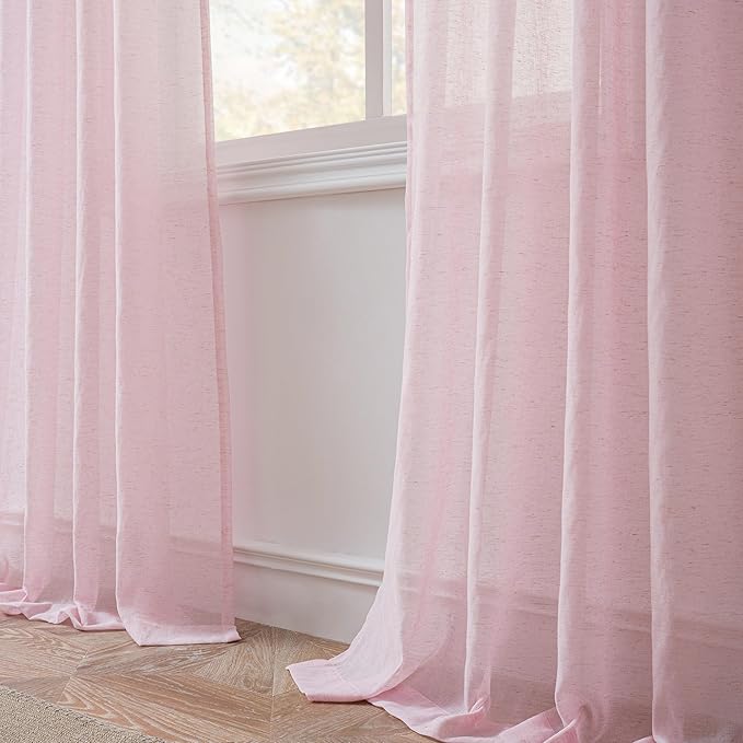 FMFUNCTEX Linen Sheer Curtains for Bedroom, Pink Curtains 63 Inch Length for Living Room, Blush Pink Farmhouse French Flax Blend Window Draperies, Rod Pocket 2 Panels Set