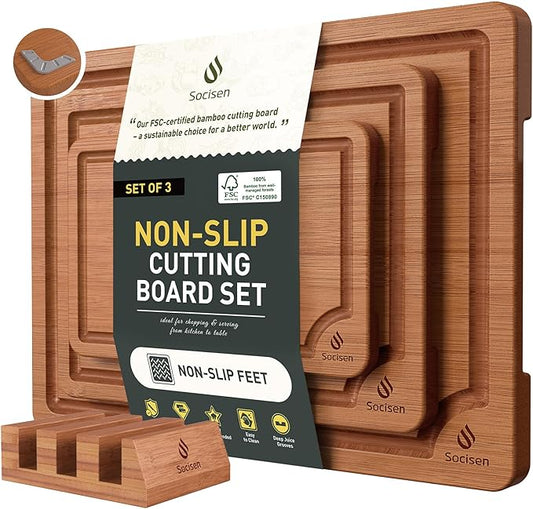 3 Packs Bamboo Cutting Board Set with Non Slip Feet Holder and Over Sink Nice Solid Thick Wood Juice Groove Chopping Board Extra Large Big Small Best Hardwood Kitchen Organic Vegetable Meat BBQ Kit