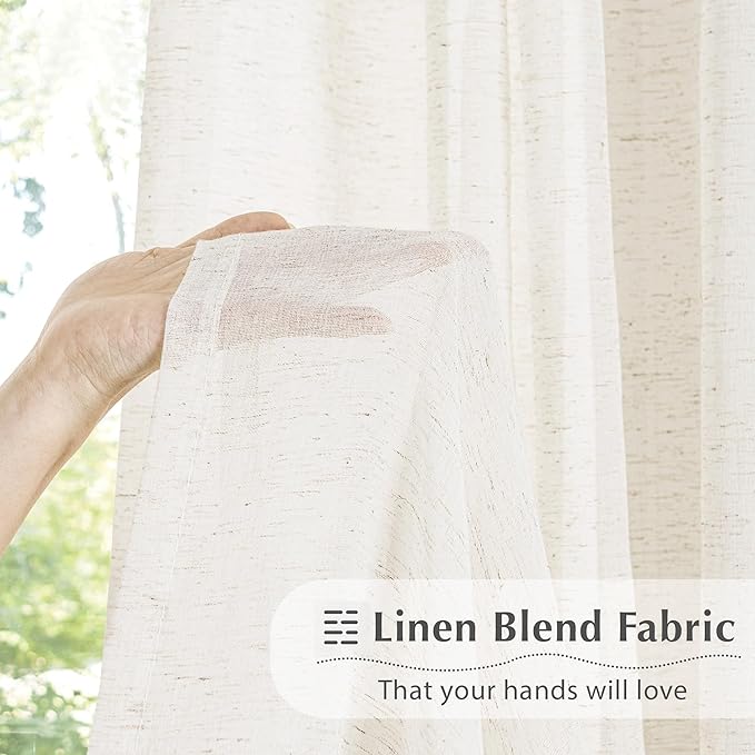 FMFUNCTEX Linen Sheer Pinch Pleated Curtains for Living Room, Linen Flax Beige 84 Inches Long Sheer Curtain See Through Panels for Bedroom, Natural Window Drapes for Farmhouse, Rod Pocket 2 Panels