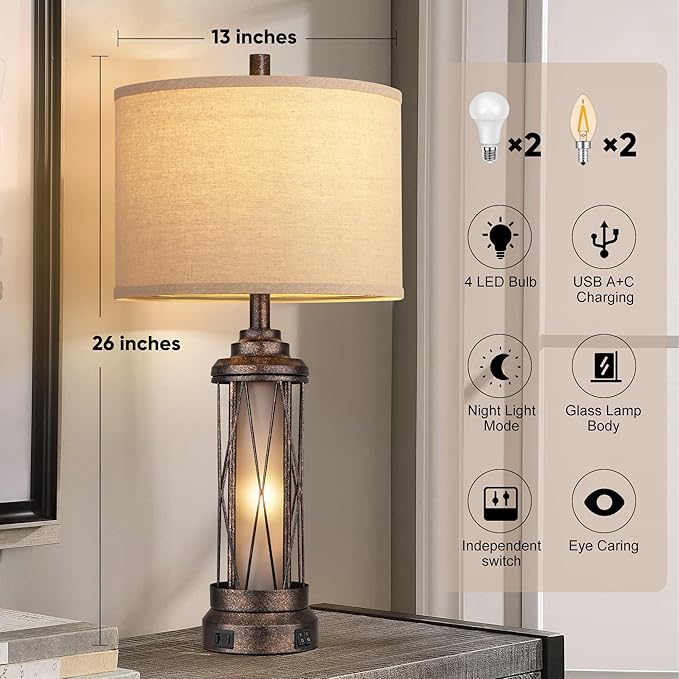 Qimh Farmhouse Table Lamps for Living Room, Rustic Nightstand Lamp for Bedroom with USB A+C Charging Ports, Frosted Glass Bedside Lamp with Night Light for Entryway End Table, 4 Bulbs Included, Bronze