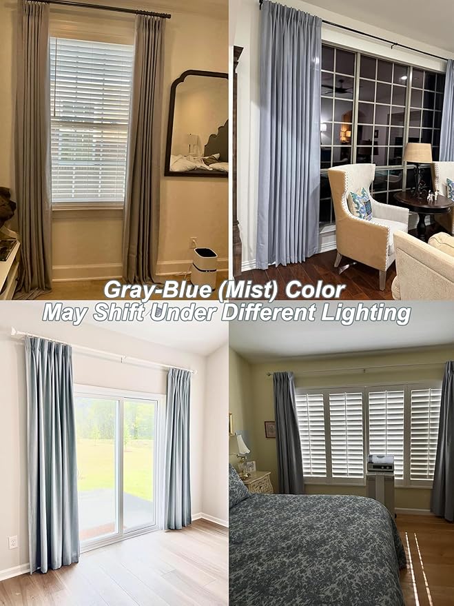 Vision Home Blue Gray Pinch Pleated Full Blackout Curtains Linen Blended Room Darkening Window Curtains 95 inch for Living Room Bedroom Thermal Insulated Pinch Pleat Drapes with Hooks 40" Wx95 Lx2
