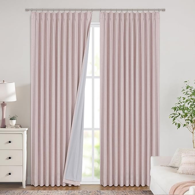 Vision Home Soft Pink Pinch Pleated Full Blackout Curtains Linen Blended Room Darkening Window Curtains 102 inch for Living Room Bedroom Thermal Insulated Pinch Pleat Drapes with Hooks 60" Wx102 Lx1