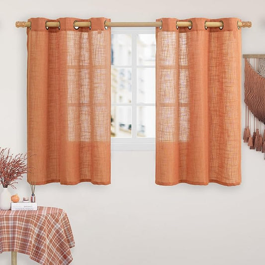 LAMIT Burnt Orange Linen Curtains 48 Inch Length for Kitchen, Semi Sheer Light Filtering Panels Bronze Grommet Small Window Drapes for Basement, 2 Panels, 34 x 48 Inch