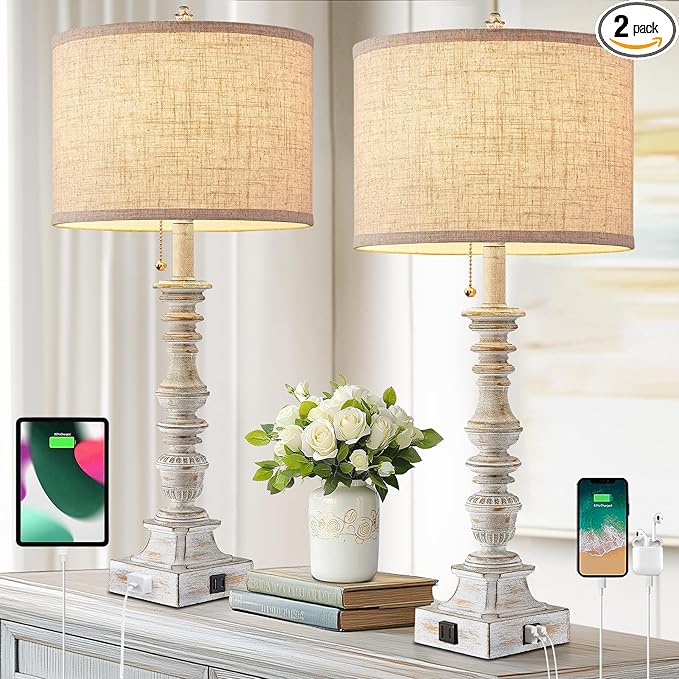 Set of 2 Farmhouse Table Lamps for Living Room, 29.5" Inch Tall Rustic Bedrooms Nightstand Table Lamp with USB-C & USB-A Charging + AC Outlet, Pull Chain Bedside Lamp for End Table, Antique White