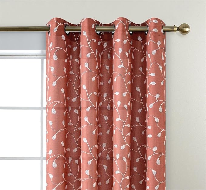 MIUCO Floral Embroidery Semi Sheer Curtains Faux Linen Grommet Curtain Panels for Kids Room 52 x 84 Inch 2 Panels, Rust