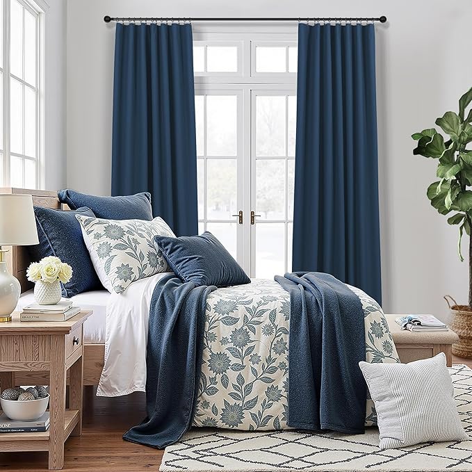 Navy Blue Curtains 102 Inches Long for Livingroom 2 Panels 100% Blackout Back Tab Pocket Cooling Sun Heat Light Blocking Linen Curtains for Bedroom Dining Room 8.5 FT Dark Blue Black Out Drapes Winter