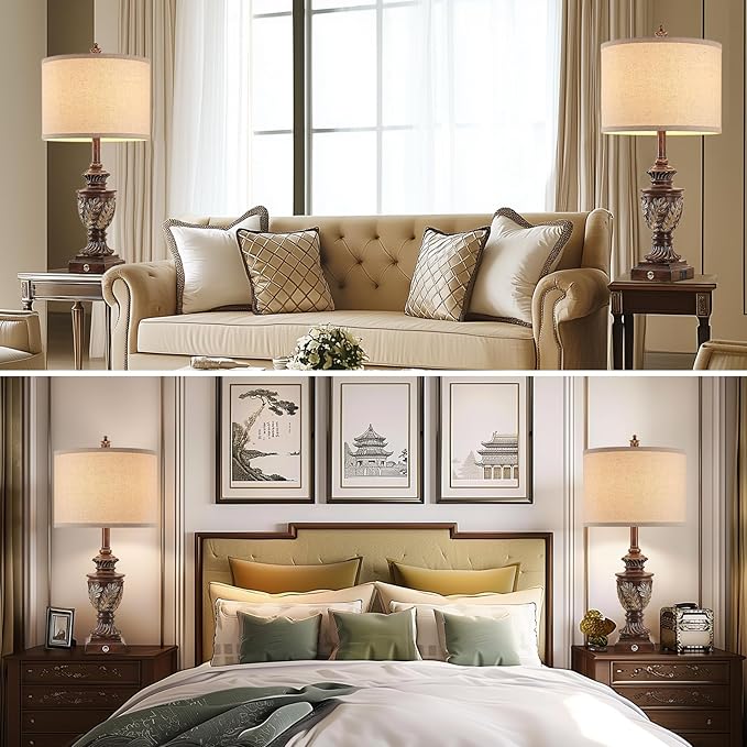 Farmhouse 3-Way Dimmable Touch Table Lamp Set of 2 for Bedroom Living Room with USB A+C Charging Ports 27.75" Tall Rustic Traditional Nightstand Bedside Lamps Brown End Table Lamp (2 Bulbs Included)