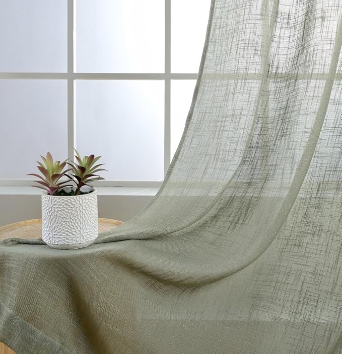 MIUCO Semi Sheer Curtains Poly Linen Textured Solid Grommet Curtains 84 Inches Long for Living Room 2 Panels (2 x 37 Wide x 84" Long) Sage