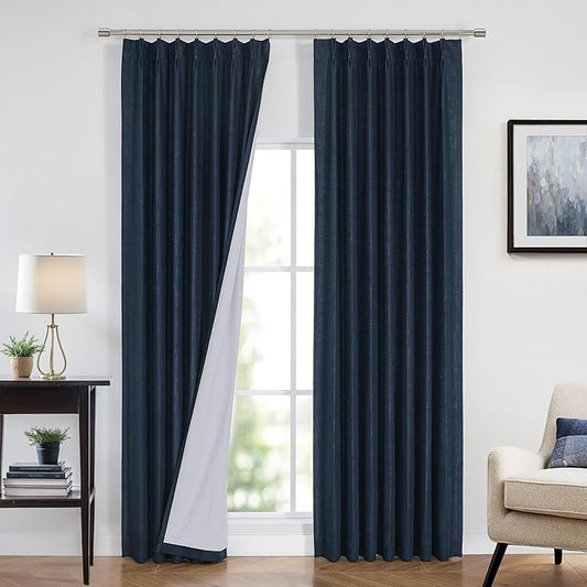 Vision Home Navy Blue Pinch Pleated Full Blackout Curtains Linen Blended Room Darkening Curtain Panels 63 inch for Living Room Bedroom Thermal Insulated Pinch Pleat Drapes with Hooks 40" Wx63 Lx2