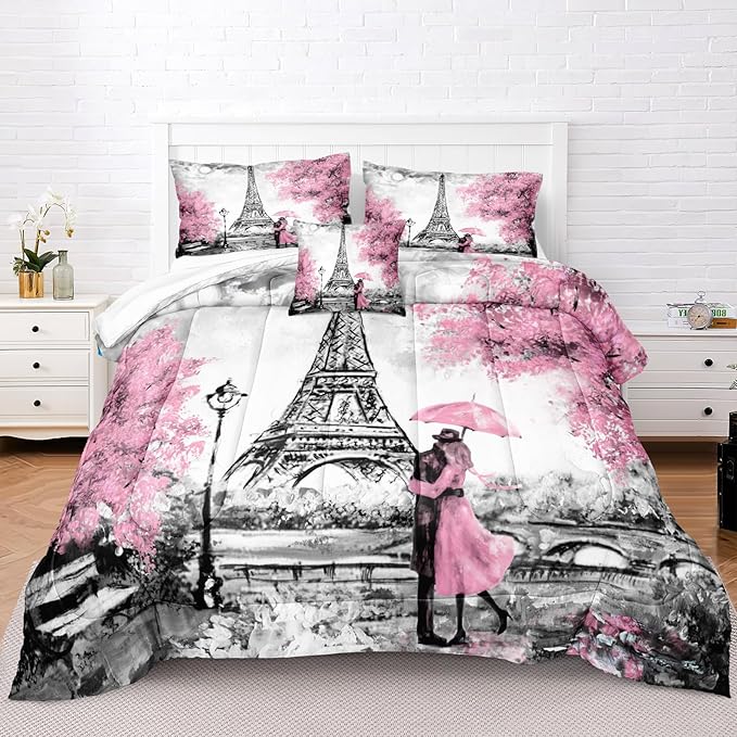 Bedbay Pink Paris Bedding Set King Size Eiffel Tower Comforter Set Romantic Couple French Style Duvet Set 4 Pcs Soft Lightweight Pink and Grey Down Comforter Set Paris Room Decor(Pink,King)