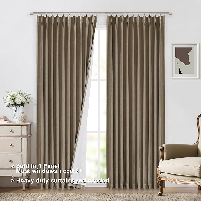 Vision Home Brown Pinch Pleated Full Blackout Curtains Linen Blended 60" Wide Thermal Insulated Window Panels 90 inch for Bedroom Living Room Darkening Pleat Drapes with Hooks Back Tab 60" Wx90 Lx1