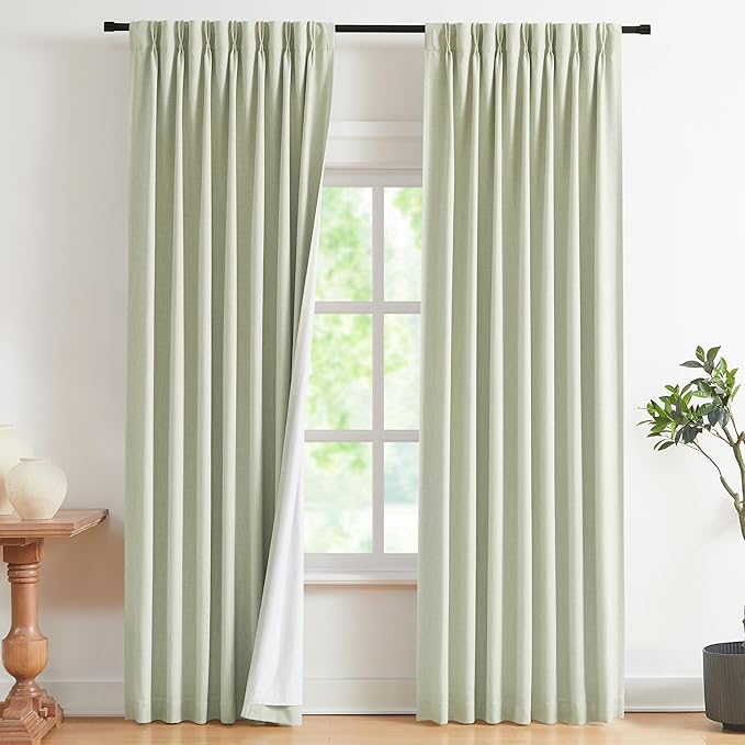 Vision Home Soft Green Pinch Pleated Full Blackout Curtains Linen Blended Room Darkening Curtain Panels 95 inch for Living Room Bedroom Thermal Insulated Pinch Pleat Drapes with Hooks 40" Wx95 Lx2