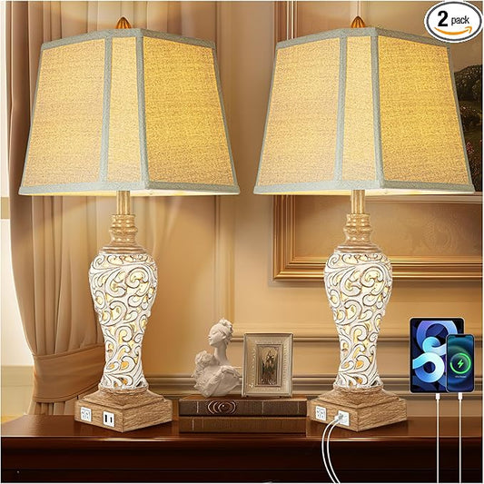 28.5" Rustic Table Lamp Set of 2 For Living Room Farmhouse Lamps for Bedroom, Bedside Lamps with Night Lights And USB C+A Charging Ports for Decor Office Study Hotel (Bulbs Included)