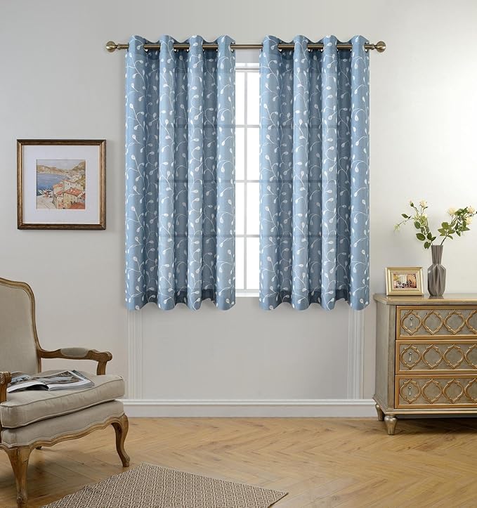 MIUCO Floral Embroidery Semi Sheer Curtains Faux Linen Grommet Curtains for Bedroom 52 x 63 Inch 2 Panels, Dusty Blue