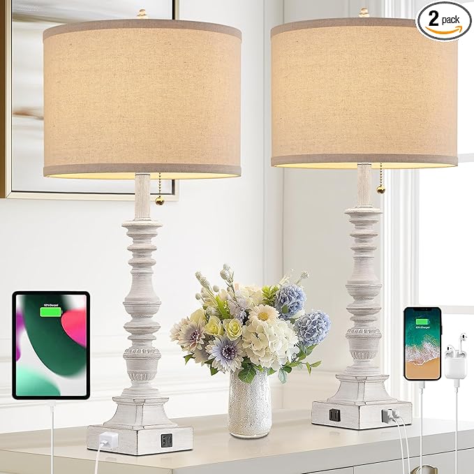 Farmhouse Table Lamps for Bedroom Set of 2, 29.5" Tall Rustic Bedside Lamp with USB Ports and AC Outlet, Vintage Nightstand Table Lamp for Living Room with Linen Drum Shade, White, Pull Chain