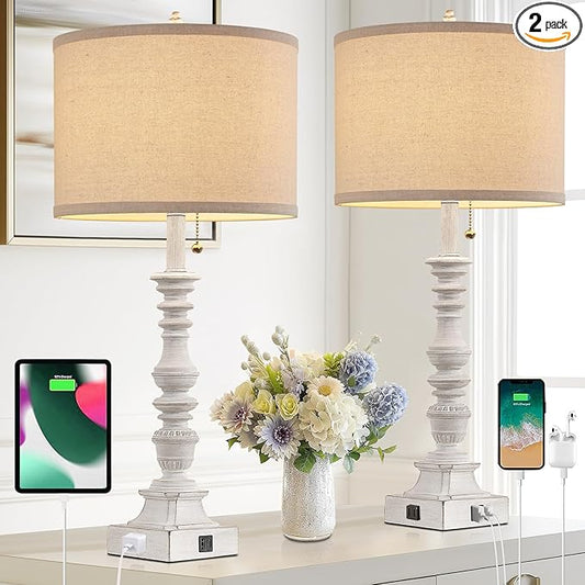 Farmhouse Table Lamps for Bedroom Set of 2, 29.5" Tall Rustic Bedside Lamp with USB Ports and AC Outlet, Vintage Nightstand Table Lamp for Living Room with Linen Drum Shade, White, Pull Chain