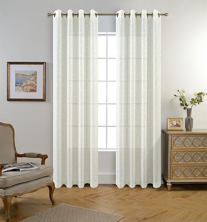 MIUCO Floral Embroidered Semi Sheer Curtains Faux Linen Grommet Curtains for Girls Room 52 x 84 Inch Set of 2, Off White
