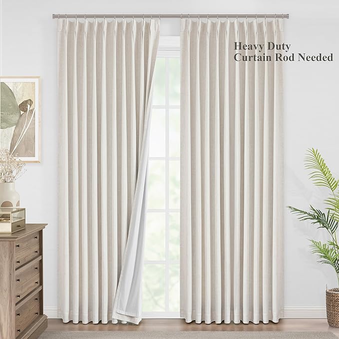 Vision Home Natural Pinch Pleated Full Blackout Curtains Linen Blended Room Darkening Window Curtains 108 inch for Living Room Bedroom Thermal Insulated Pinch Pleat Drapes with Hooks 60" Wx108 Lx1