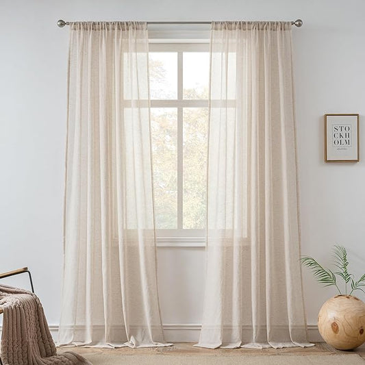 FMFUNCTEX Linen Sheer Curtains for Bedroom, Taupe Curtains 96 inches Long for Living Room, Brown Farmhouse French Flax Blend Window Draperies, Rod Pocket 2 Panels Set