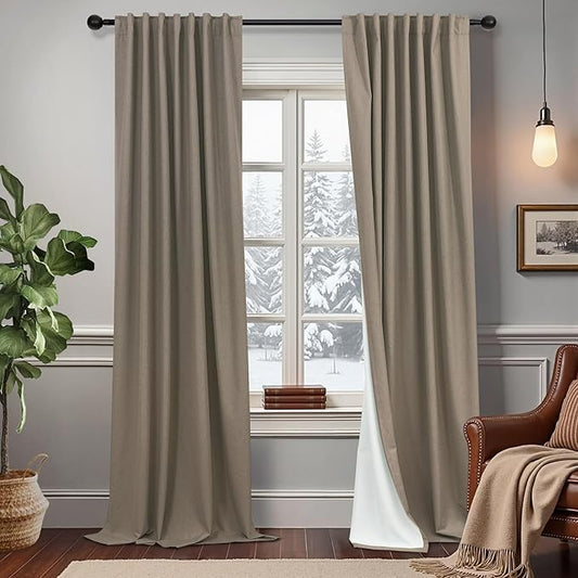 Brown Drapes 84 Inch Length 2 Panels Set Linen Long Curtains for Bedroom Windows Soundproof Energy Efficient Thermal Insulated Rustic Country Blackout Curtains for Living Room Pleated Back Tab Pocket