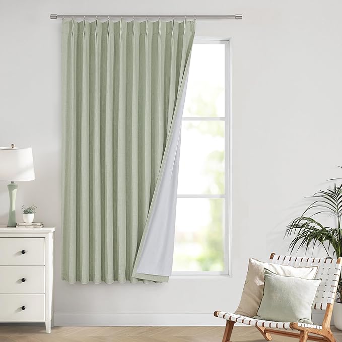 Vision Home Soft Green Pinch Pleated Full Blackout Curtains Linen Blended Room Darkening Window Curtains 63 inch for Living Room Bedroom Thermal Insulated Pinch Pleat Drapes with Hooks 60" Wx63 Lx1