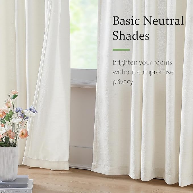 FMFUNCTEX Pinch Pleated Curtain 96 Inches Long for Living Room, Ivory Semi Sheer Faux Linen Textured Pleat Drapes for Bedroom with Hooks, Light Filtering Farmhouse Window Drapes 2 Panels