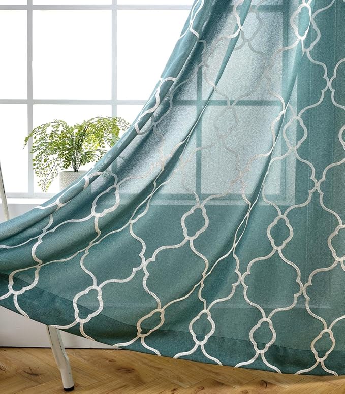 MIUCO Moroccan Embroidery Semi Sheers Curtain Faux Linen Grommet Window Curtains for Bedroom 52 x 95 Inch 2 Panels, Teal