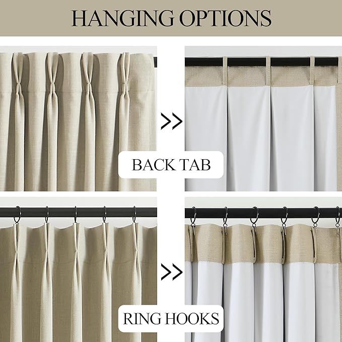 Vision Home Sand Pinch Pleated Full Blackout Curtains Linen Blended Room Darkening Window Curtains 120 inch for Living Room Bedroom Thermal Insulated Pinch Pleat Drapes with Hooks 10ft 40" Wx120 Lx2