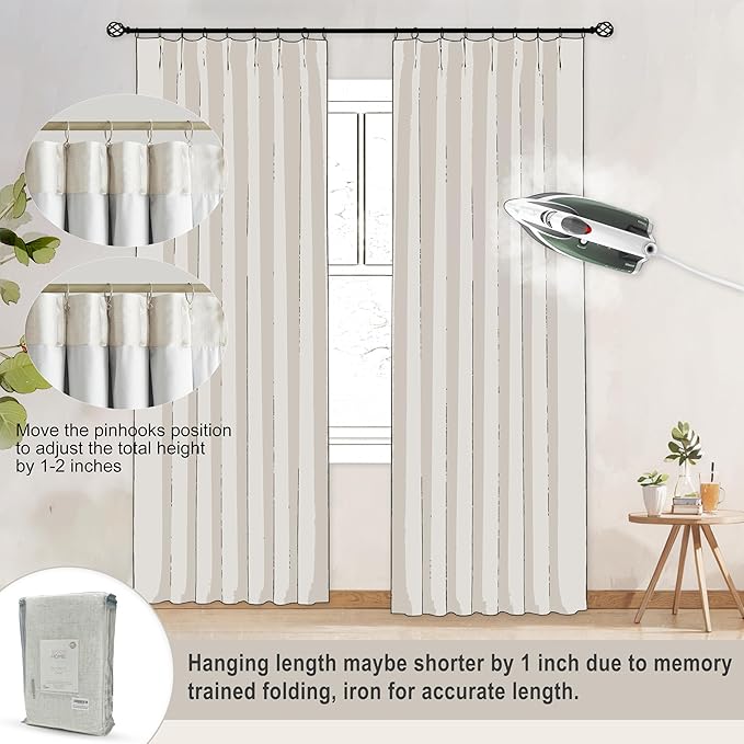 Vision Home Natural Pinch Pleated Full Blackout Curtains Linen Blended Room Darkening Window Curtains 108 inch for Living Room Bedroom Thermal Insulated Pinch Pleat Drapes with Hooks 60" Wx108 Lx1