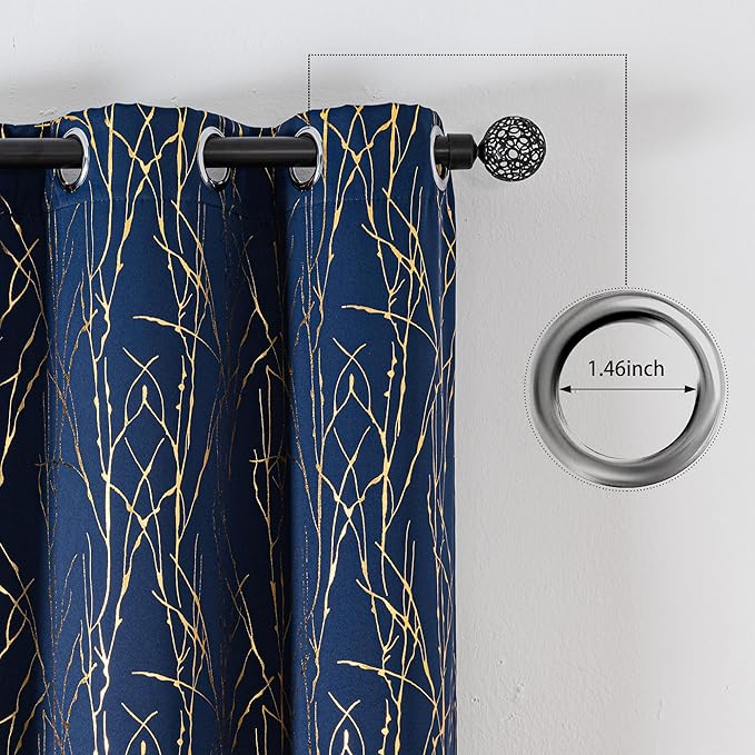 Grommets Blackout Long Window Curtains Navy Blue Gold-52W*84L 2PCS Drapes for Bedroom