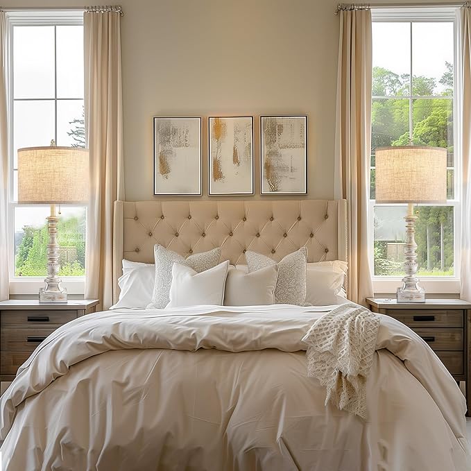 Set of 2 Farmhouse Table Lamps for Living Room, 29.5" Inch Tall Rustic Bedrooms Nightstand Table Lamp with USB-C & USB-A Charging + AC Outlet, Pull Chain Bedside Lamp for End Table, Antique White