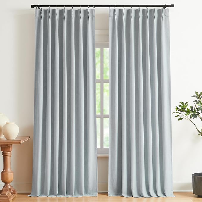 Vision Home Blue Gray Pinch Pleated Full Blackout Curtains Linen Blended Room Darkening Window Curtains 95 inch for Living Room Bedroom Thermal Insulated Pinch Pleat Drapes with Hooks 40" Wx95 Lx2