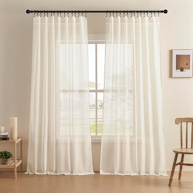Joydeco Sheer Curtains 84 Inches Long, White Curtains for Living Room 2 Panels Set, Linen Curtains Window Privacy Assured with Light Filtering(W52 x L84 Inch,Linen)